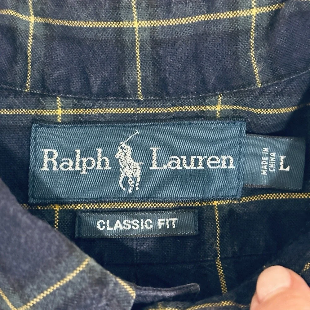 Ralph Lauren Button Down Shirt Mens L Navy Blue Plaid Windowpane Long Sleeve